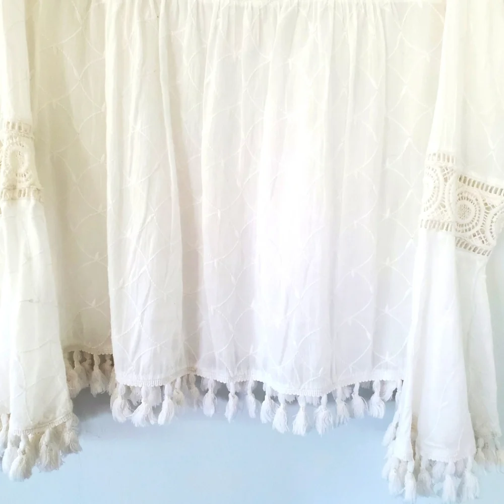 NWT KAREN KANE L White Embroidered Tassel Top Cotton Bell Sleeve Boho Coastal - Picture 10 of 14